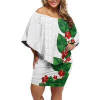 Hawaiian Taro Leaves-Hibiscus and Plumeria Family Matching Off Shoulder Short Dress and Hawaiian Shirt Polynesian Art-Kakau Tattoo White LT03 Mom's Dress White - Polynesian Pride