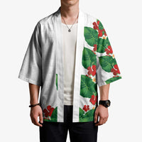 Hawaiian Taro Leaves-Hibiscus and Plumeria Kimono Polynesian Art-Kakau Tattoo White