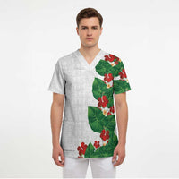 Hawaiian Taro Leaves-Hibiscus and Plumeria Scrub Top Polynesian Art-Kakau Tattoo White