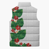 Hawaiian Taro Leaves-Hibiscus and Plumeria Sleeveless Puffer Jacket Polynesian Art-Kakau Tattoo White