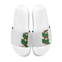 Hawaiian Taro Leaves-Hibiscus and Plumeria Slide Sandals Polynesian Art-Kakau Tattoo White