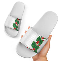 Hawaiian Taro Leaves-Hibiscus and Plumeria Slide Sandals Polynesian Art-Kakau Tattoo White