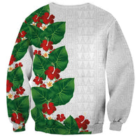 Hawaiian Taro Leaves-Hibiscus and Plumeria Sweatshirt Polynesian Art-Kakau Tattoo White
