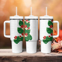 Hawaiian Taro Leaves-Hibiscus and Plumeria Tumbler With Handle Polynesian Art-Kakau Tattoo White