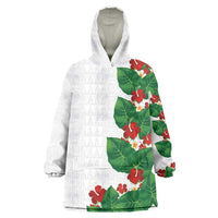 Hawaiian Taro Leaves-Hibiscus and Plumeria Wearable Blanket Hoodie Polynesian Art-Kakau Tattoo White LT03 One Size White - Polynesian Pride