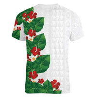 Hawaiian Taro Leaves-Hibiscus and Plumeria Women V-Neck T-Shirt Polynesian Art-Kakau Tattoo White LT03 - Polynesian Pride