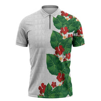 Hawaiian Taro Leaves-Hibiscus and Plumeria Zipper Polo Shirt Polynesian Art-Kakau Tattoo White LT03 White - Polynesian Pride