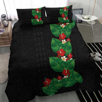 Hawaiian Taro Leaves-Hibiscus and Plumeria Bedding Set Polynesian Art-Kakau Tattoo Black