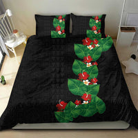 Hawaiian Taro Leaves-Hibiscus and Plumeria Bedding Set Polynesian Art-Kakau Tattoo Black