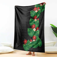 Hawaiian Taro Leaves-Hibiscus and Plumeria Blanket Polynesian Art-Kakau Tattoo Black