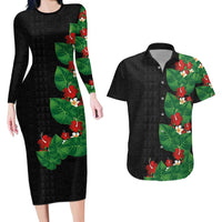 Hawaiian Taro Leaves-Hibiscus and Plumeria Couples Matching Long Sleeve Bodycon Dress and Hawaiian Shirt Polynesian Art-Kakau Tattoo Black LT03 Black - Polynesian Pride