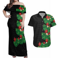 Hawaiian Taro Leaves-Hibiscus and Plumeria Couples Matching Off Shoulder Maxi Dress and Hawaiian Shirt Polynesian Art-Kakau Tattoo Black LT03 Black - Polynesian Pride