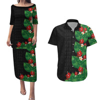 Hawaiian Taro Leaves-Hibiscus and Plumeria Couples Matching Puletasi and Hawaiian Shirt Polynesian Art-Kakau Tattoo Black LT03 Black - Polynesian Pride