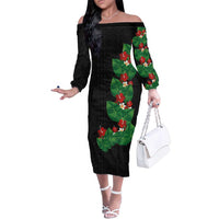 Hawaiian Taro Leaves-Hibiscus and Plumeria Family Matching Off The Shoulder Long Sleeve Dress and Hawaiian Shirt Polynesian Art-Kakau Tattoo Black LT03 Mom's Dress Black - Polynesian Pride