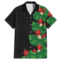 Hawaiian Taro Leaves-Hibiscus and Plumeria Family Matching Short Sleeve Bodycon Dress and Hawaiian Shirt Polynesian Art-Kakau Tattoo Black LT03 Dad's Shirt - Short Sleeve Black - Polynesian Pride