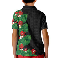 Hawaiian Taro Leaves-Hibiscus and Plumeria Kid Polo Shirt Polynesian Art-Kakau Tattoo Black LT03 - Polynesian Pride