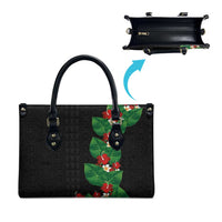 Hawaiian Taro Leaves-Hibiscus and Plumeria Leather Bag Polynesian Art-Kakau Tattoo Black