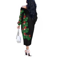 Hawaiian Taro Leaves-Hibiscus and Plumeria Off The Shoulder Long Sleeve Dress Polynesian Art-Kakau Tattoo Black LT03 - Polynesian Pride