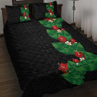 Hawaiian Taro Leaves-Hibiscus and Plumeria Quilt Bed Set Polynesian Art-Kakau Tattoo Black