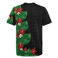 Hawaiian Taro Leaves-Hibiscus and Plumeria Rugby Jersey Polynesian Art-Kakau Tattoo Black