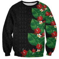 Hawaiian Taro Leaves-Hibiscus and Plumeria Sweatshirt Polynesian Art-Kakau Tattoo Black