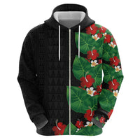 Hawaiian Taro Leaves-Hibiscus and Plumeria Zip Hoodie Polynesian Art-Kakau Tattoo Black LT03 - Polynesian Pride