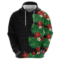 Hawaiian Taro Leaves-Hibiscus and Plumeria Zip Hoodie Polynesian Art-Kakau Tattoo Black LT03 - Polynesian Pride