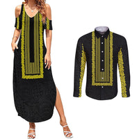 Philippines Polynesian Jasmine Pattern Couples Matching Summer Maxi Dress and Long Sleeve Button Shirt With Barong Tagalog Black Style