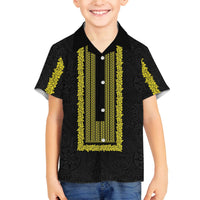 Philippines Polynesian Jasmine Pattern Family Matching Off The Shoulder Long Sleeve Dress and Hawaiian Shirt With Barong Tagalog Black Style