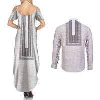 Philippines Polynesian Jasmine Pattern Couples Matching Summer Maxi Dress and Long Sleeve Button Shirt With Barong Tagalog White Style