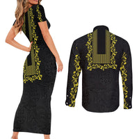 Philippines Polynesian Floral Pattern Couples Matching Short Sleeve Bodycon Dress and Long Sleeve Button Shirt With Barong Tagalog Black Style