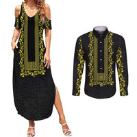 Philippines Polynesian Floral Pattern Couples Matching Summer Maxi Dress and Long Sleeve Button Shirt With Barong Tagalog Black Style