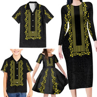 Philippines Polynesian Floral Pattern Family Matching Long Sleeve Bodycon Dress and Hawaiian Shirt With Barong Tagalog Black Style