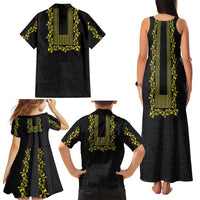 Philippines Polynesian Floral Pattern Family Matching Tank Maxi Dress and Hawaiian Shirt With Barong Tagalog Black Style