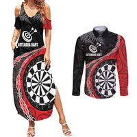 Personalised New Zealand Darts Couples Matching Summer Maxi Dress and Long Sleeve Button Shirt Koru Tribal Tattoo and Silver Fern Maori Pattern Red Color