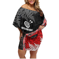 Personalised New Zealand Darts Family Matching Off Shoulder Short Dress and Hawaiian Shirt Koru Tribal Tattoo and Silver Fern Maori Pattern Red Color