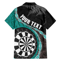 Personalised New Zealand Darts Family Matching Off The Shoulder Long Sleeve Dress and Hawaiian Shirt Koru Tribal Tattoo and Silver Fern Maori Pattern Teal Color