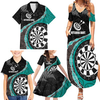 Personalised New Zealand Darts Family Matching Summer Maxi Dress and Hawaiian Shirt Koru Tribal Tattoo and Silver Fern Maori Pattern Teal Color
