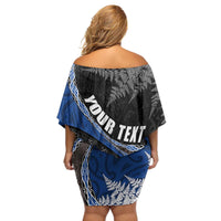 Personalised New Zealand Darts Family Matching Off Shoulder Short Dress and Hawaiian Shirt Koru Tribal Tattoo and Silver Fern Maori Pattern Blue Color