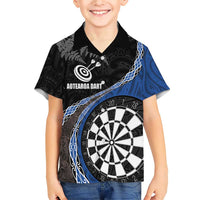 Personalised New Zealand Darts Family Matching Short Sleeve Bodycon Dress and Hawaiian Shirt Koru Tribal Tattoo and Silver Fern Maori Pattern Blue Color