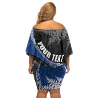 Personalised New Zealand Darts Off Shoulder Short Dress Koru Tribal Tattoo and Silver Fern Maori Pattern Blue Color