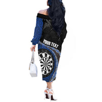 Personalised New Zealand Darts Off The Shoulder Long Sleeve Dress Koru Tribal Tattoo and Silver Fern Maori Pattern Blue Color