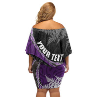 Personalised New Zealand Darts Off Shoulder Short Dress Koru Tribal Tattoo and Silver Fern Maori Pattern Purple Color