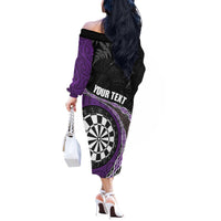 Personalised New Zealand Darts Off The Shoulder Long Sleeve Dress Koru Tribal Tattoo and Silver Fern Maori Pattern Purple Color