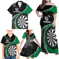 Personalised New Zealand Darts Family Matching Off Shoulder Maxi Dress and Hawaiian Shirt Koru Tribal Tattoo and Silver Fern Maori Pattern Green Color