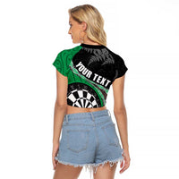 Personalised New Zealand Darts Raglan Cropped T Shirt Koru Tribal Tattoo and Silver Fern Maori Pattern Green Color