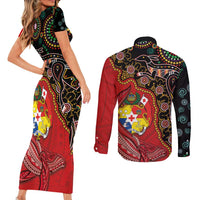 Tonga Ngatu and Australia Together Couples Matching Short Sleeve Bodycon Dress and Long Sleeve Button Shirt Polynesian Humpback Whale and Aboriginal Kangaroo