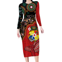 Tonga Ngatu and Australia Together Family Matching Long Sleeve Bodycon Dress and Hawaiian Shirt Polynesian Humpback Whale and Aboriginal Kangaroo LT03 Mom's Dress Red - Polynesian Pride