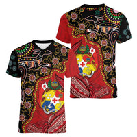 Tonga Ngatu and Australia Together Women V-Neck T-Shirt Polynesian Humpback Whale and Aboriginal Kangaroo LT03 - Polynesian Pride