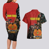 Personalised Papua New Guinea and Australia Together Couples Matching Long Sleeve Bodycon Dress and Hawaiian Shirt Bird-of-paradise and Kangaroo with Aboriginal Pattern